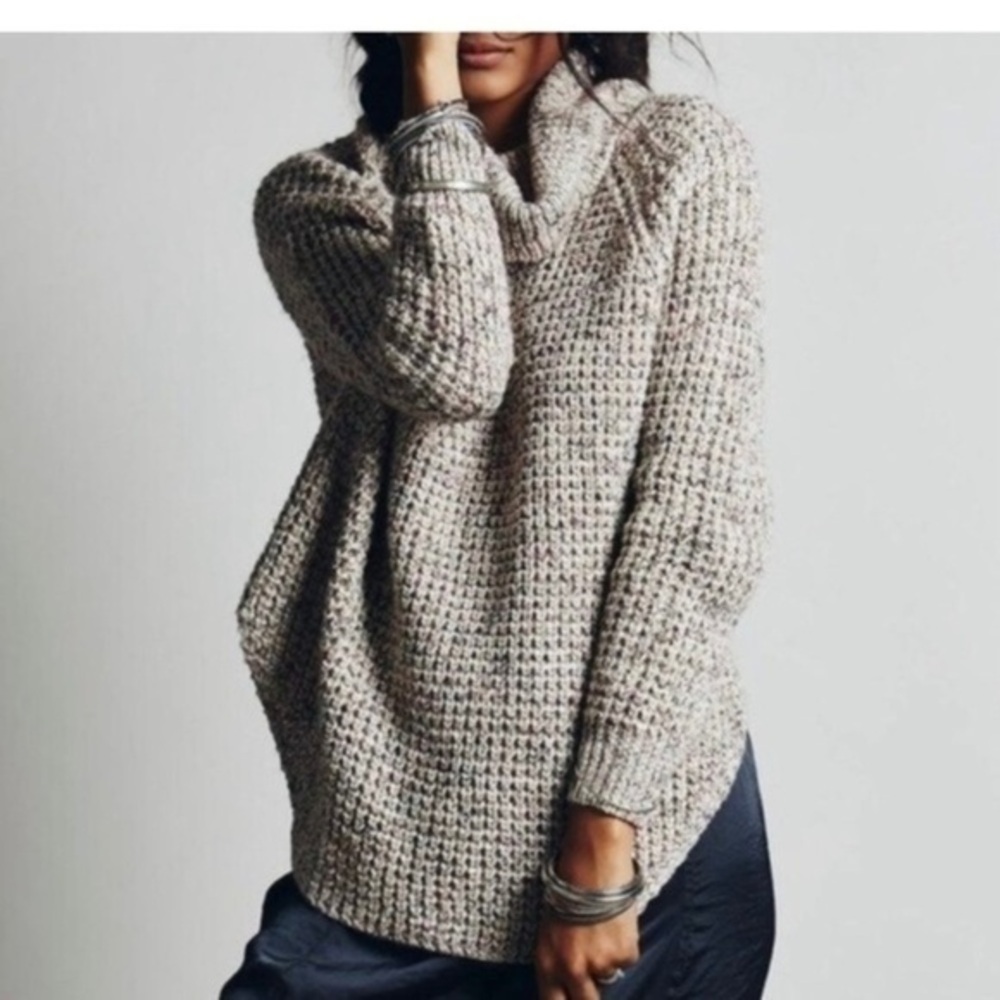 Free People Dylan  oversized  Tweed Sweater uber soft chunk waffle high neck